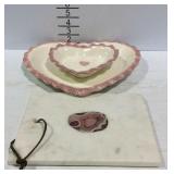 Marble cutting board and two heart shape dishes