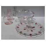 Glass fruit bowl, tid bit tray, 2 vases