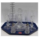 Glass Decanter,  candle holders,  salt and pepper