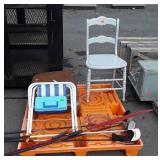 Skid lot, includes luggage, chair, bow, golf