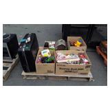 Skid lot, includes luggage, squirrel house, books,