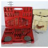 Box of drill bits, some are rusty & tool belt