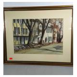 Peter Sinclair print of town street, matted and