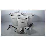 Enamelware, three buffet table pans and two