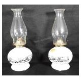 Currier & Ives Milk glass oil lamps with farm