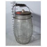 Barrel shaped pickle jar with tin lid and handle