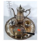 Silver plated tea set: pitcher, creamer, sugar,