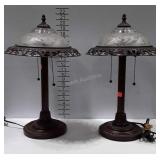 Matched pair of Table lamps,  metal and frosted