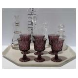 Two Decanters,  candle stick,  6 purple goblets