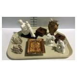 Decor- swan salt dips, bird figurines, candle