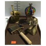 Brass decor with duck head, magnifying glass,
