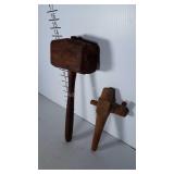 Primitive wooden mallet & wooden barrel spigot.