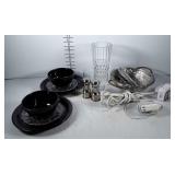 Dinner for two, dishes, glasses, flatware, salt &