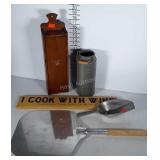Kitchenwares lot: pizza paddle,  scoop,  wine