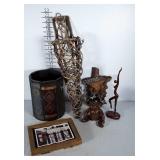 Home decor lot: wooden waste basket, dancer