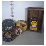 Vintage food tins, rocks, Kwik Can & old crate