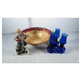 Glass group, three cobalt mini oil lamps, large