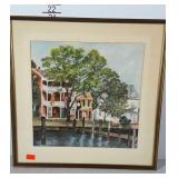 Water Color, Framed & matted town scene with pier