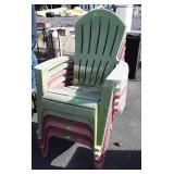 6 poly molded lawn chairs, 4 red, 2 green, one ed