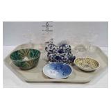 6 stem glasses, rabbit dish, 3 Asian bowls