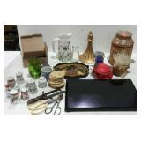 Powder shakers, snips, jar of glass pebbles, w