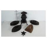 Cast iron group, irons, wall hook, potbelly stove