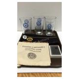 Three American legion glasses, hat, bank sack,