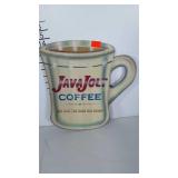 Metal JAVAJOLT coffee mug sign. About 14" tall.