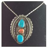 Sterling silver big turquoise and coral chain