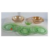 Green and brown glassware. Green plates are salad