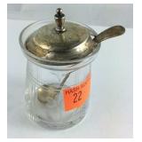 Sterling and glass salt dip with lid and spoon