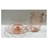 Pink depression glass cake stand and pitcher