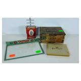 Cigar tin box, glass box lid, cigarette tin and
