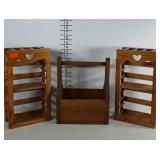 Wooden basket and small trinket shelves.