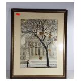 Photo print winter city scene, framed and matted,