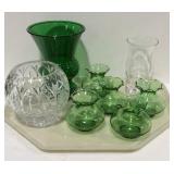 Decor glassware with green vase, floral etched