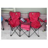 Double folding camping chair, with center cooler