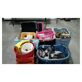 Dog crate, ski boots, lamps, laundry baskets,