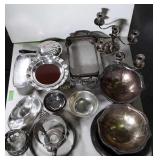 Lot of silver toned / plated service ware.  Candle