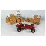 Toys, wooden earth movers and race car