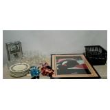 Glassware, cat themed decor, plates, dolls,