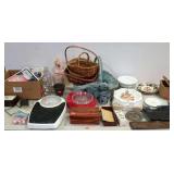 Baskets, scales, bottles, plates, etc.