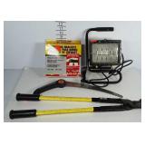 Tools, saw horse brackets, shop light (works),