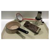 Vintage kitchenware with red and white enamel