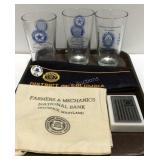 Three American legion glasses, hat, bank sack,