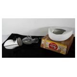 Enamel bed pan with original box plus two bed