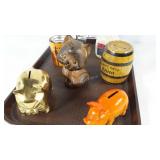 Bank collection, including a brass pig cuss bank