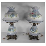 Pair of painted glass parlor lamps, 26" tall