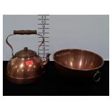 Copper Kitchen Wares, 9" Candy Bowl, Tea Kettle