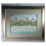 Beach houses watercolor, signed Royanne, framed